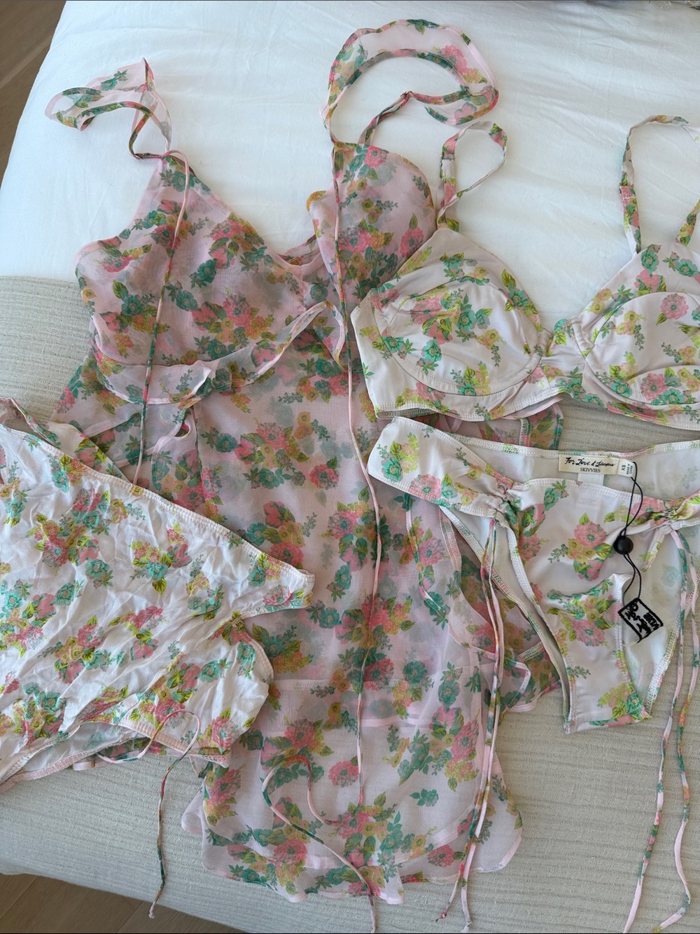 RARE! For Love & Lemons Skivvies Eden Nightgown and Lingerie Set 4 Pieces